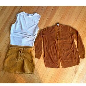 Outfit A Rust Cardigan Mustard Corduroy Lace Up Skirt Top 3pc Outfit Set Sz M